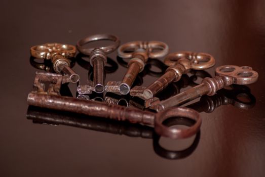 Six old rusty keys with reflections