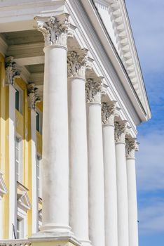 Front of Old Buildig with Columns on Sky Background. Alexander Butlerov Chemistry Institute of Kazan University, Russia.