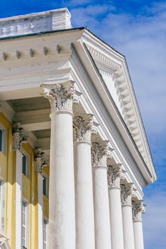 Front of Old Buildig with Columns on Sky Background. Alexander Butlerov Chemistry Institute of Kazan University, Russia.