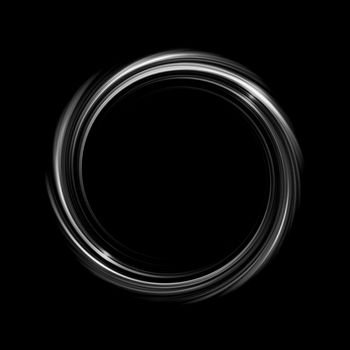 Glowing white spiral with light circle on black backdrop, abstract background