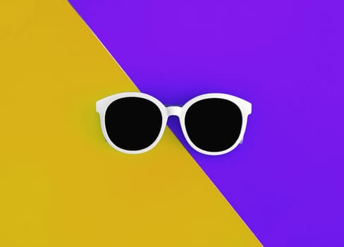 Sunny stylish white sunglasses on a bright purple-lilac and yellow-orange background, top view, isolated. Copy space. Flat lay.