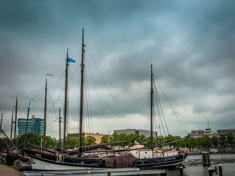 Harbor in Amsterdam, Netherlands with clouds on the sky