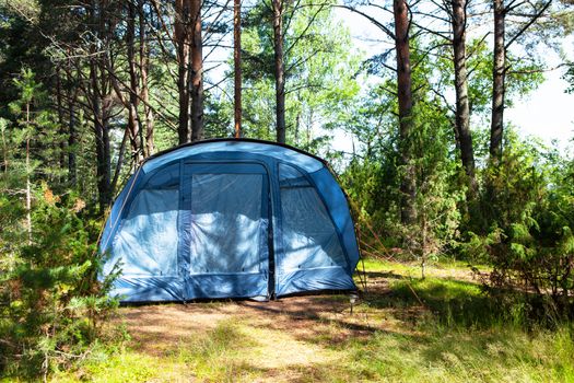 Blue large four-seater camping tent stands in shade of pine forest, weather is sunny. Summer camp, rest, hike. Front view. Horizontal