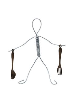 Man made from aluminum wire holding spoon and fork