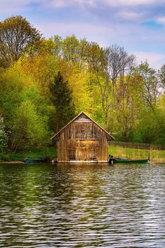 Wooden boat storage garage on the lake