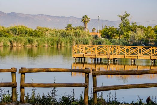 Jetty for bird watching in the natural landscape of Nules