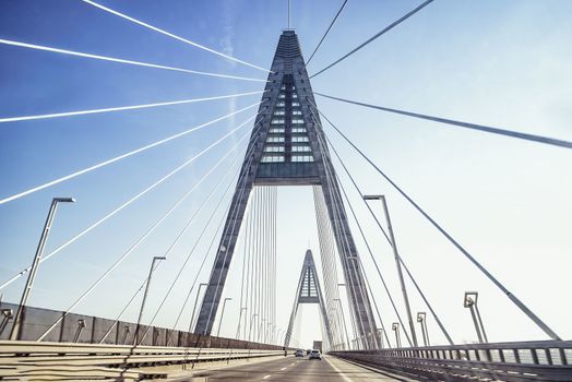 Bridge over river.Bridge and blue sky.On Bridge.