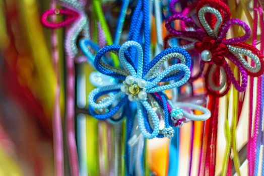 Textile flowers. Japanese traditional wear belt.Traditional clothes of kimono.