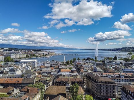 The bird's eye view of Geneva lake and city in Switzerland.