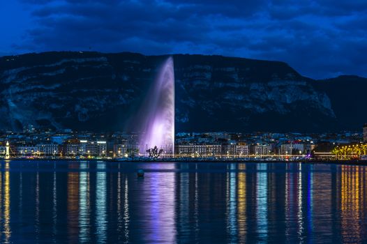 The night lights of Geneva lake and city in Switzerland.