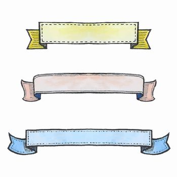 Freehand illustration of set of watercolor ribbon banners on white background, doodle hand drawn