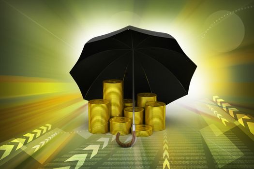 Gold coins under a black umbrella