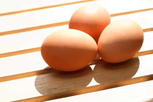 Three chicken eggs on wooden table under morning sun light