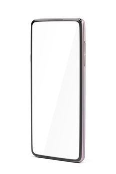 Pink smartphone with empty screen on white background