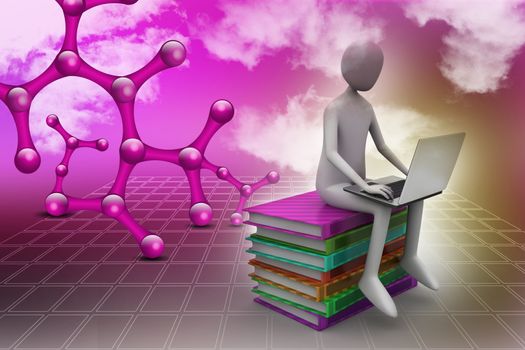 3d man sitting on books and working at his laptop