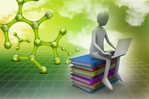 3d man sitting on books and working at his laptop