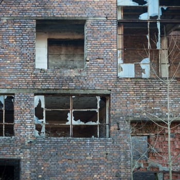 wide angle view of an old wall abandoned factory building