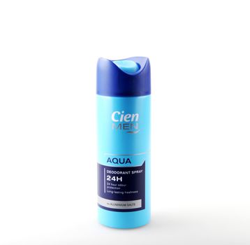 Pomorie, Bulgaria - July 06, 2019: Cien Men Aqua Deodorant Spray Isolated On White Background. 
