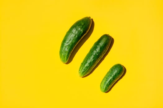 Concept Cucumbers Family on a yellow background. Dad mom baby. Cucumbers for designers. Top view. Cucumber harvest. Cucumber background. Farming, gardening, agriculture, harvesting and people concept.