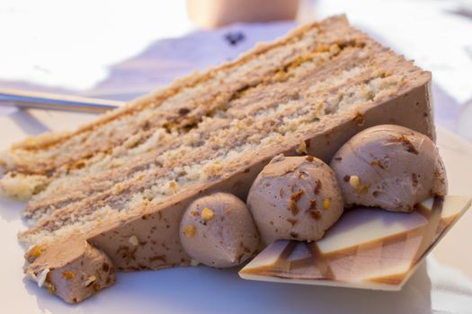 Close up picture of a slice of caramel cake