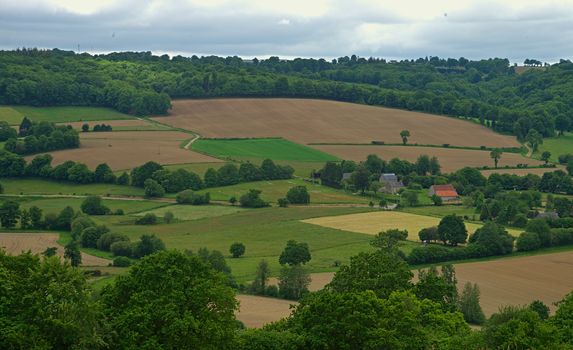 View from the hill on tranquil landscape in rural Normandy