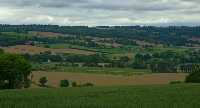 View from the hill on tranquil landscape in rural Normandy