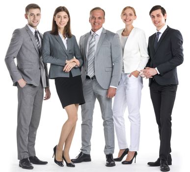 Group of confident smiling business people standing together in a row, isolated on white background