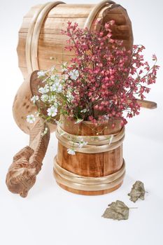 Flowers and Russian national artworks on an isolated studio background