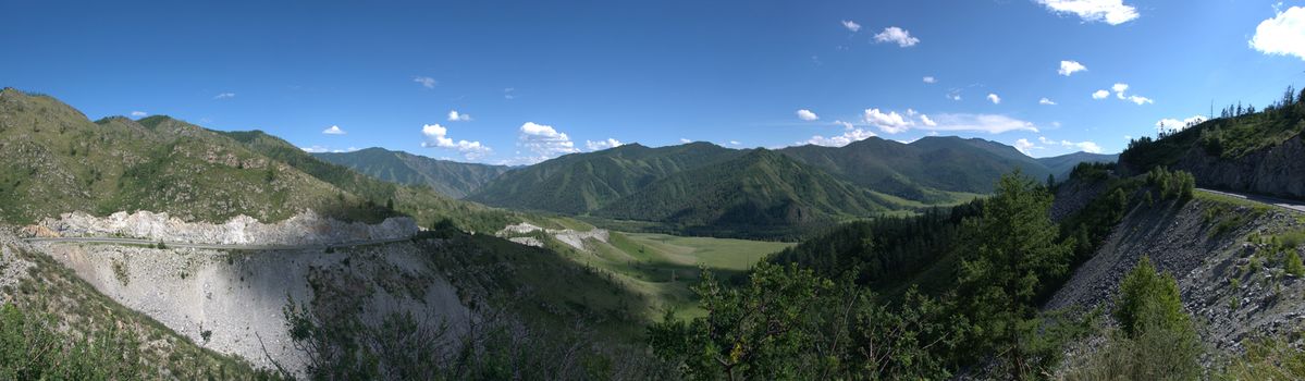 Panoramic picture of the valley at the bottom of the pass Chike-Taman. Altai, Siberia, Russia.