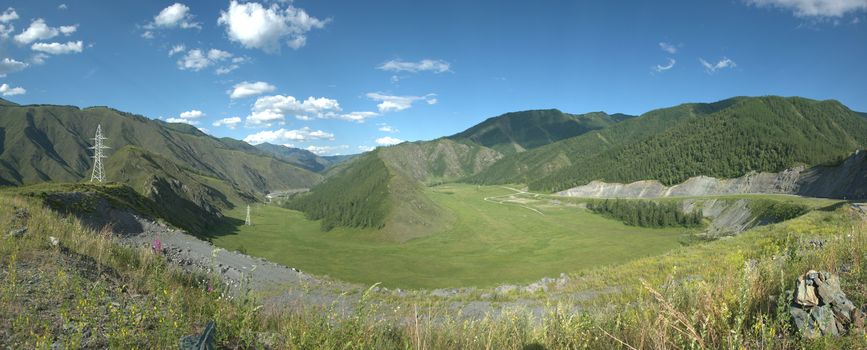 Panoramic shot of the intermountain basin of the Sema River. Altai, Siberia, Russia.