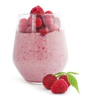 Smoothie and fresh berries raspberry studio isolated on white background