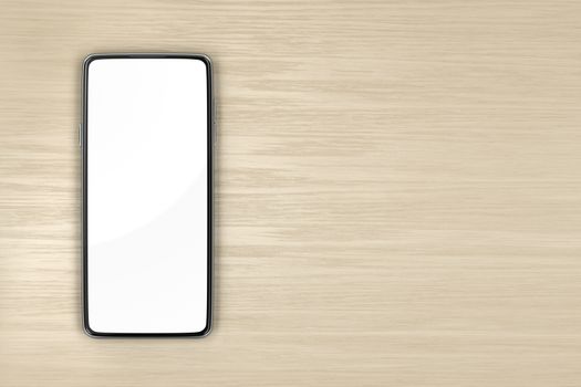 Smartphone with empty screen on wood table, top view