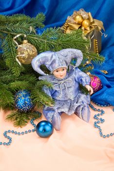 Christmas still life with toys and balls on a studio background