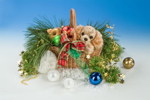 Christmas still life with toys and balls on a studio background