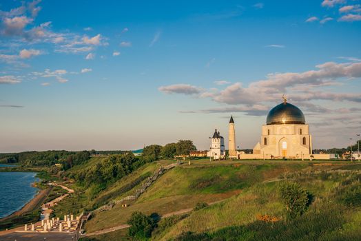 Temples and Buildings of Bolghar on Coastal Hill at Sunset Light.