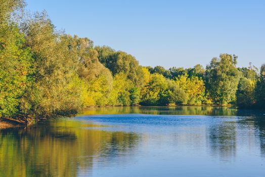 Autumn forest on lake shore with reflection on water surface