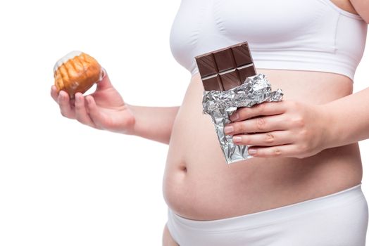 female fat figure in underwear with chocolate and muffin isolated