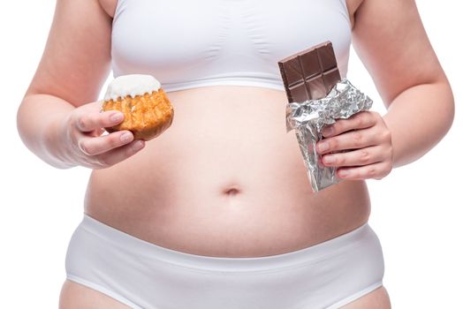 fat girl with chocolate and muffin in underwear, belly closeup