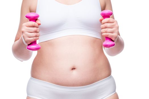 fat woman in white lingerie with pink dumbbells, belly closeup