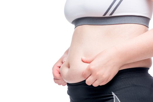 isolated fat female figure in sportswear, belly closeup