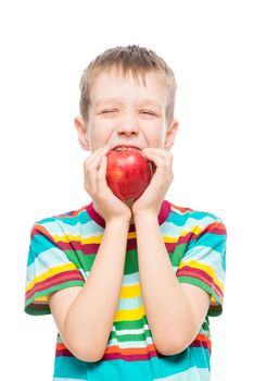 Isolated on white background portrait of a boy who eats a red juicy apple