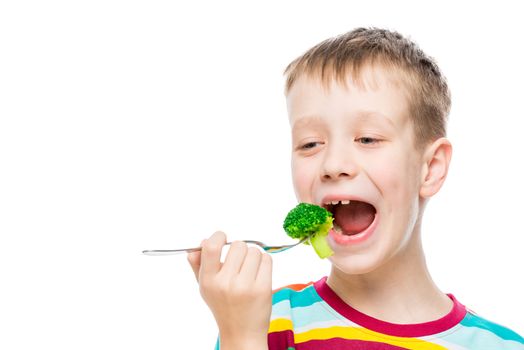 Portrait of a boy on a white background, the child eats broccoli