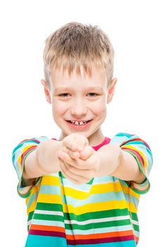 cheerful boy 10 years old on a white background, studio portrait