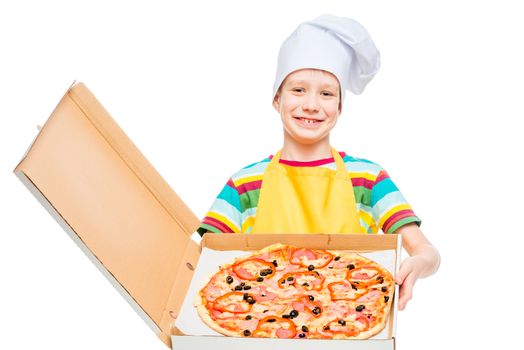 little cook in pizza cap in box on white background in studio