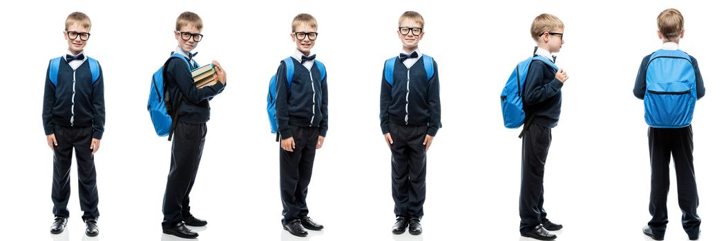 Schoolboy in uniform with backpack on white background in different poses portrait in a row isolated