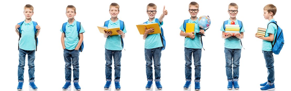 Schoolboy with books with a backpack on a white background in different poses portrait in a row isolated