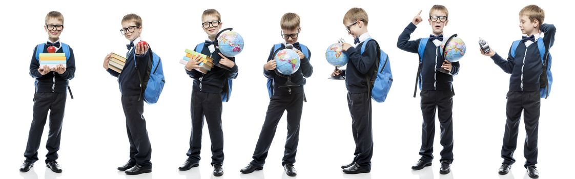 Schoolboy in glasses with a globe and books on a white background in different poses portrait in a row isolated