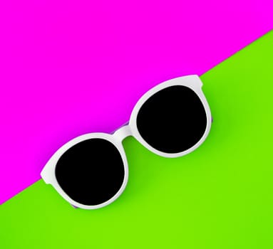 Sunny stylish white sunglasses on a bright green-cyan and crimson-pink background, top view, isolated. Copy space. Flat lay.