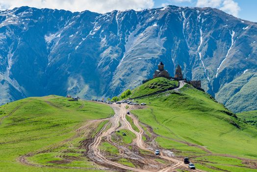 An old Christian church in Georgia near the village of Gergeti is a beautiful landmark on the Georgian Military Road.