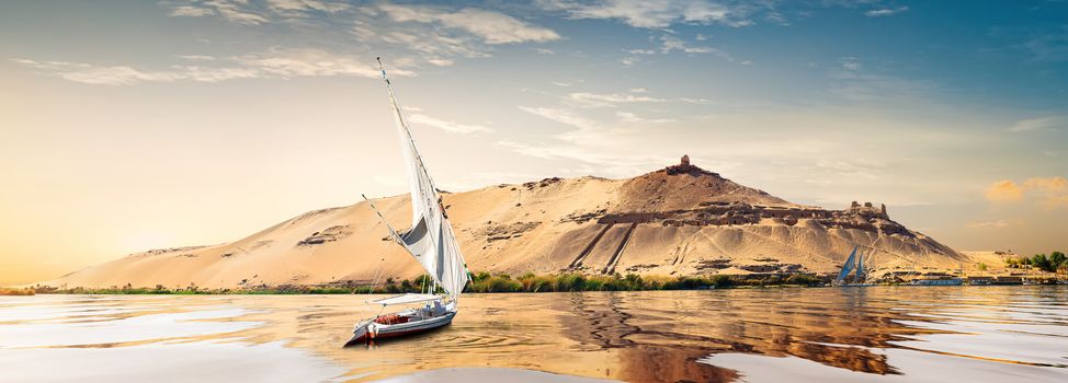 River Nile and boats at sunset in Aswan